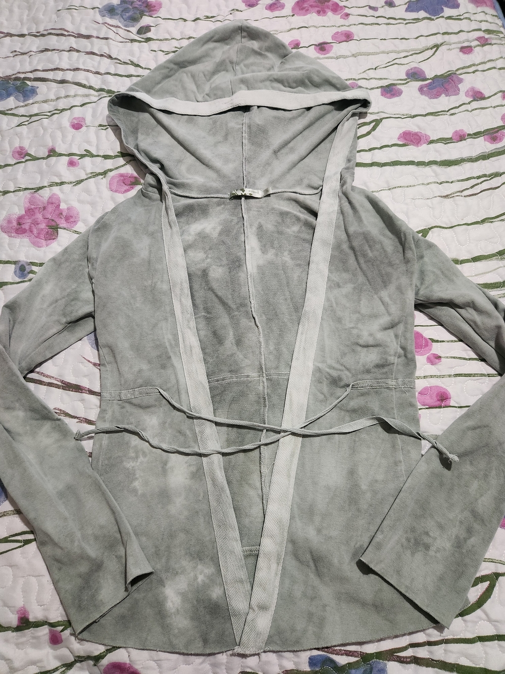 Avani Light Gray Hooded Open-Front Jacket with Self-Tie Waist Organic Cotton